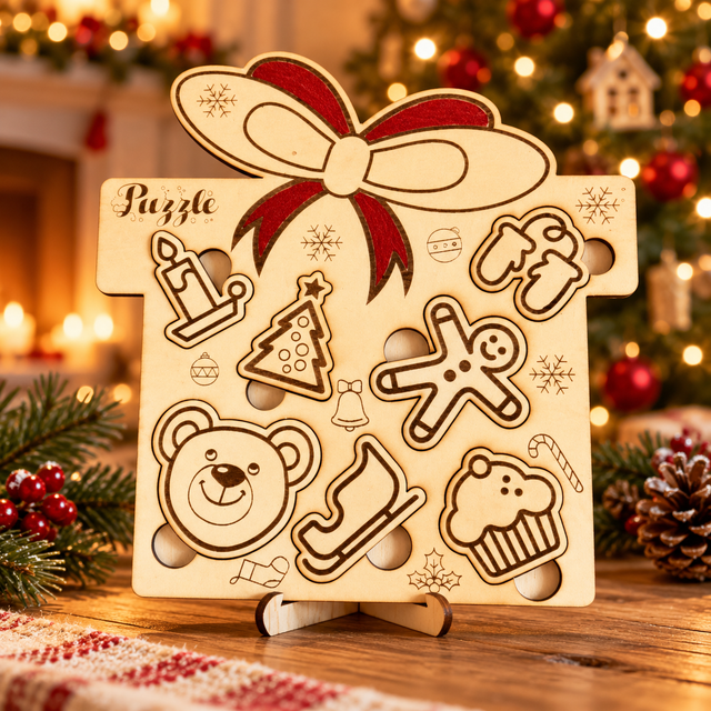 Puzzle natalizio a pacco regalo in legno – gioco per le feste