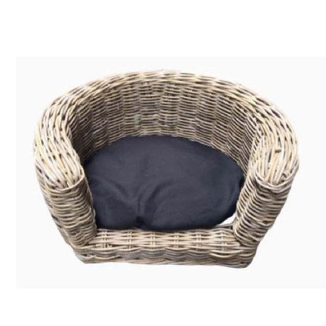 Hundekorb / Hundesofa Palermo, 68 x 57 x 33 cm, Rattan, rund, Kissen schwarz