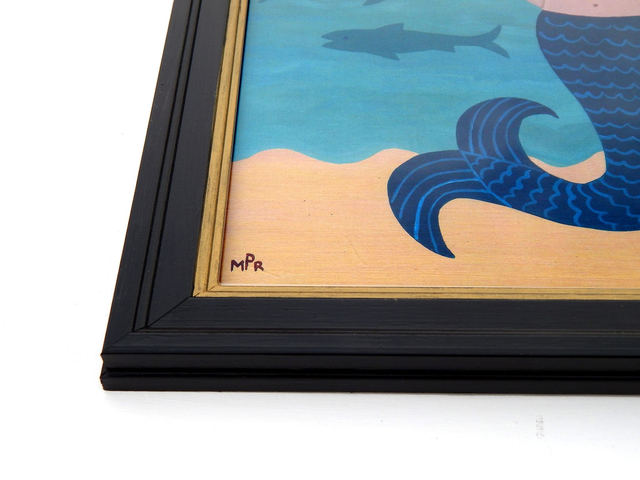 Framed Naive Mermaid Folklore Fine Art Print With Sailboat