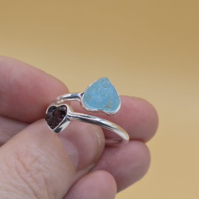 925 Double Heart Ring with Sterling Silver and Berwickshire Seaglass &amp; Garnets