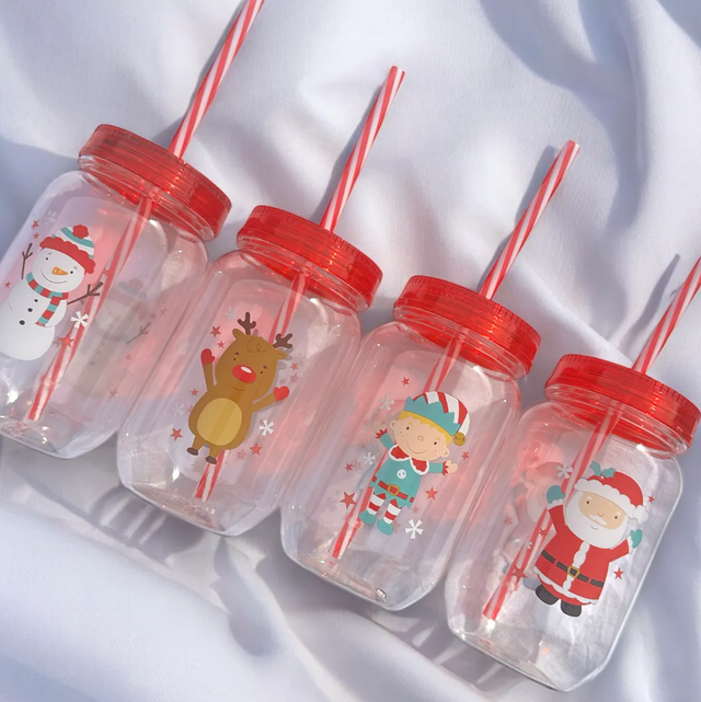 Christmas plastic mason jar with lid and straw