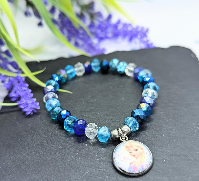Blue &amp; Stainless Steel Beaded Stretch Bracelet with Elsa Charm.