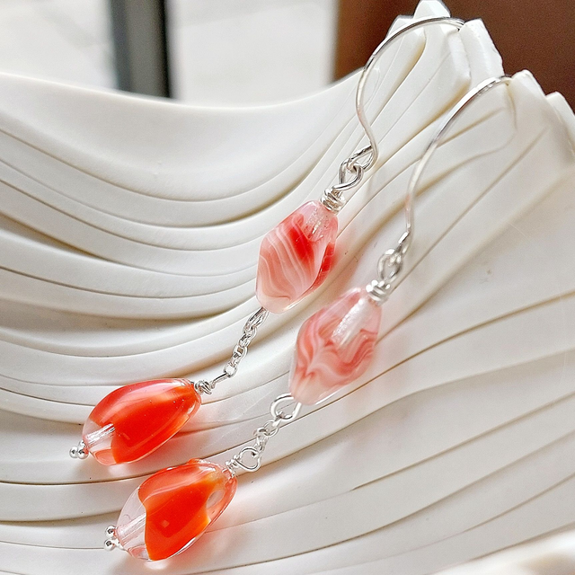 Orange and clear lampwork glass bead sterling silver drop earrings