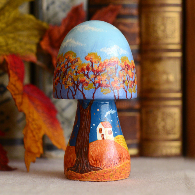 "A Golden World" Hand-Painted Wooden Mushroom