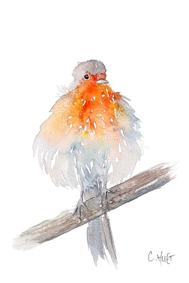 Tableau original à l'aquarelle rouge-gorge sur sa branche, 13*18 environ