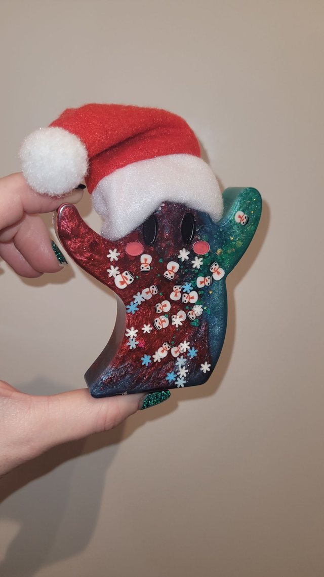 Christmas Ghost Ornament - with Santa Hat, Snowflakes & Snowmen – Red & Teal – Limited Edition Festive Shelf Decor