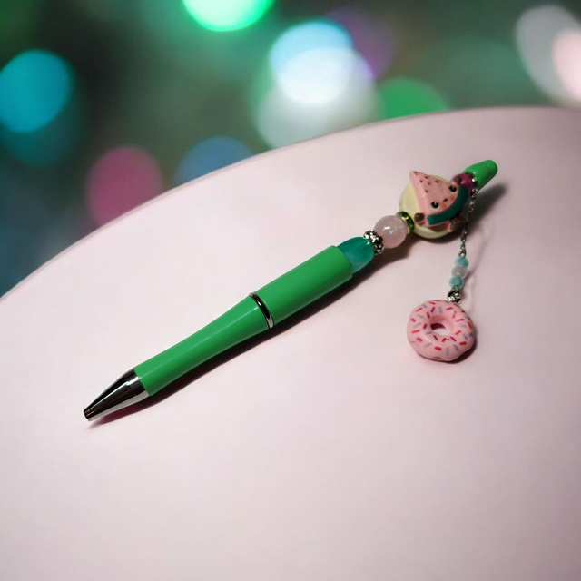 Stylo perles vert rose