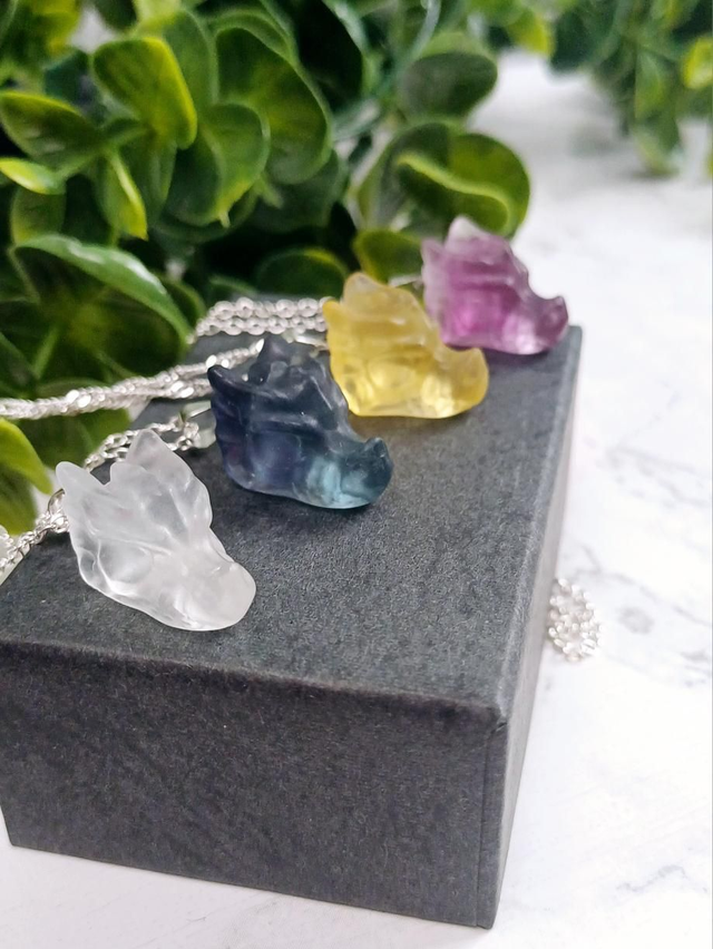 Fluorite Dragon Pendant on 925 silver plated necklace
