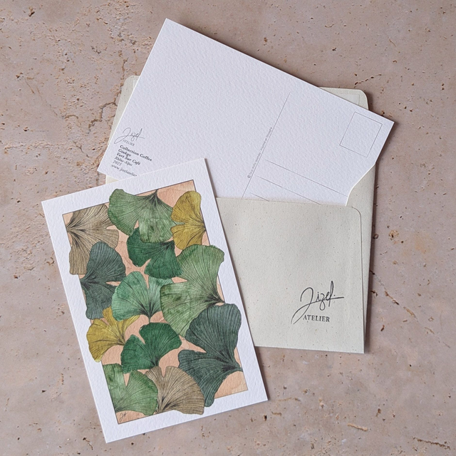 Carte postale - Café - Ginkgos, Vert sur Café