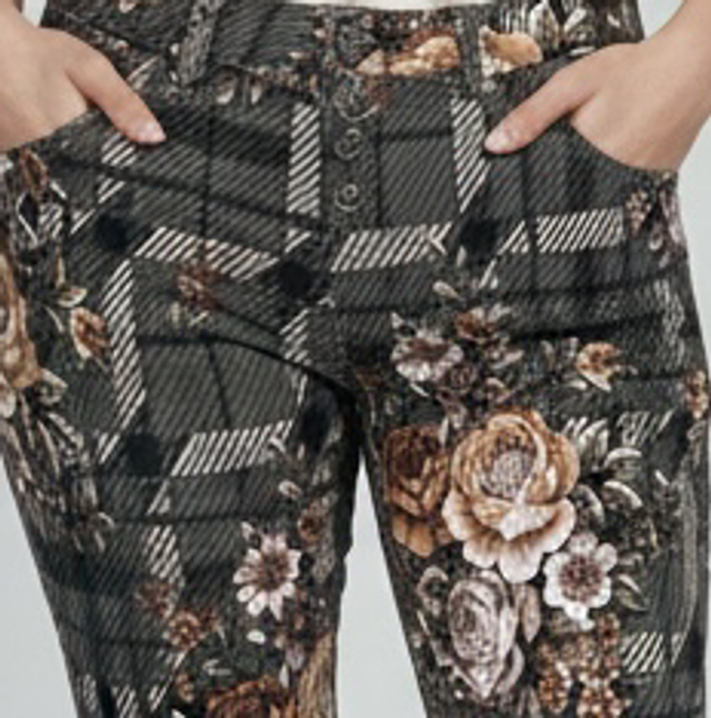 Jean Slim Place du Jour - Imprimé Floral et Carreaux Tartan - Kaki et Marron