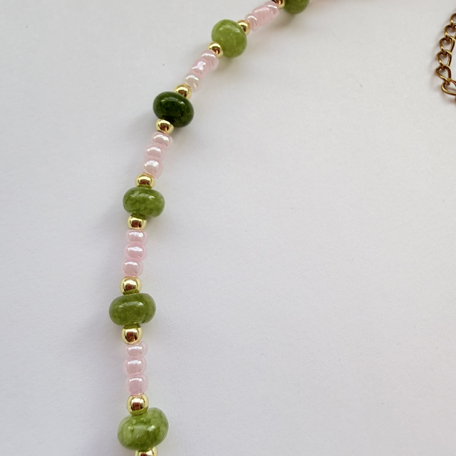 Penelope - Pink, Green & Pearl Beaded Necklace