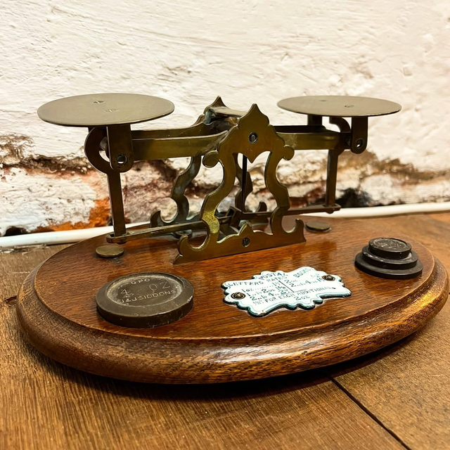 Antique Brass Postal Balance Scales with Enamel Rate Plaque &amp; Original GPO Weights
