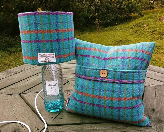 Jade Block Harris Gin Bottle Lamp with Harris Tweed shade