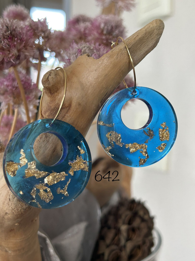 💙Créoles dorées &amp; pendentifs résine bleu lagon – Réf. 642