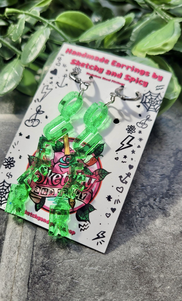 Earrings- Green Glitter QUEER Earrings | Stainless Steel Leverback Hoops