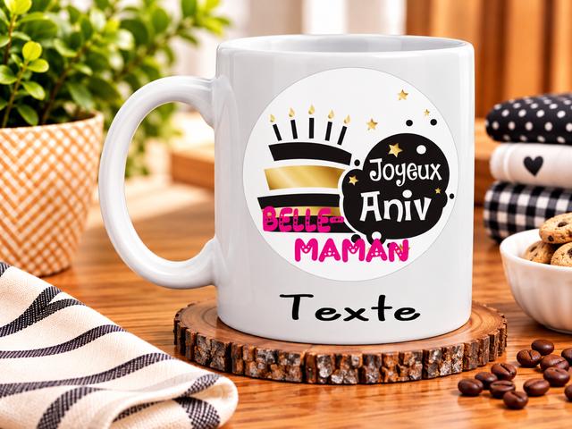 Mug « Joyeux Anniversaire Belle-Maman » avec Texte Personnalisé – Une Idée Cadeau Originale, Élégante et Pleine d’Amour