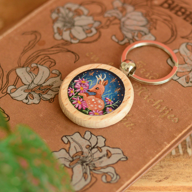 "A Dreaming Deer" Hand-Painted Wooden Keychain
