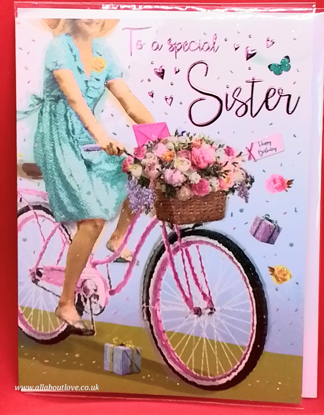 Sister Birthday Card Bike &amp; Flowers  Design Glitter Regal Quality NEW