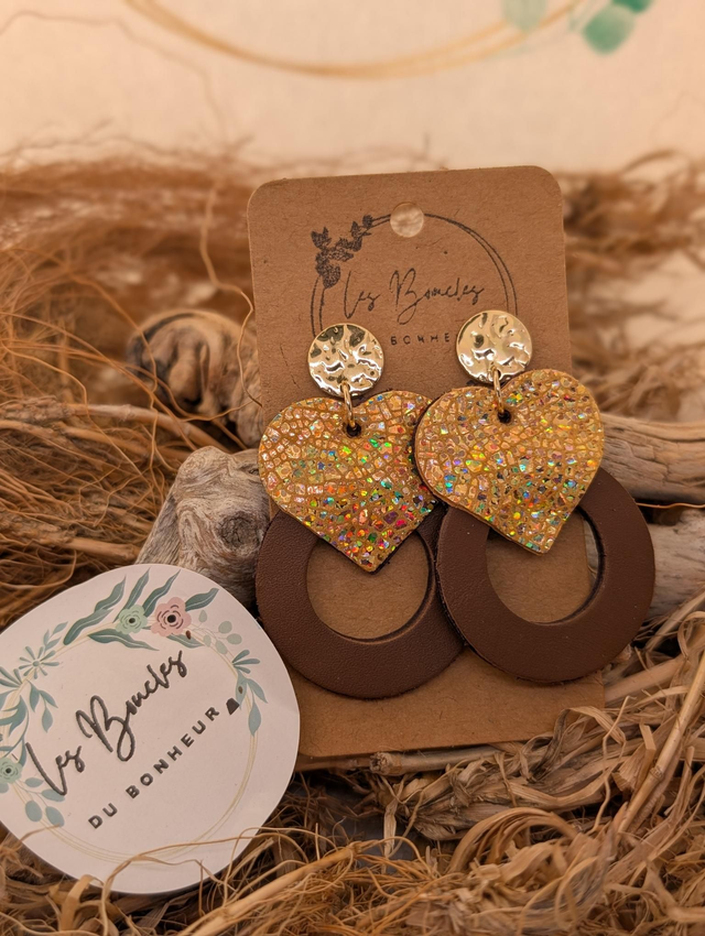Boucles d'oreilles Coeur ❤️ doré marron mo081
