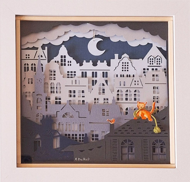 Quadretto 3D "Gatto e pettirosso"