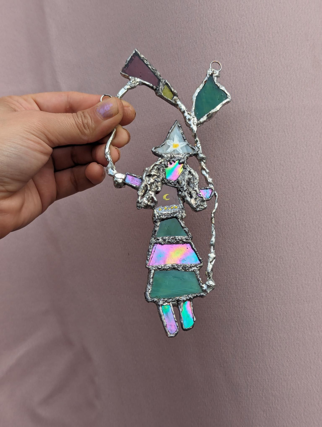 Witch with datura flower , Handmade stained glass window door decor 