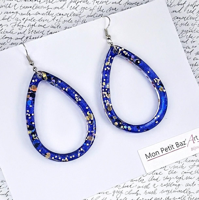 Boucles d'oreilles Gouttes VGM6 Bleu électrique et doré 