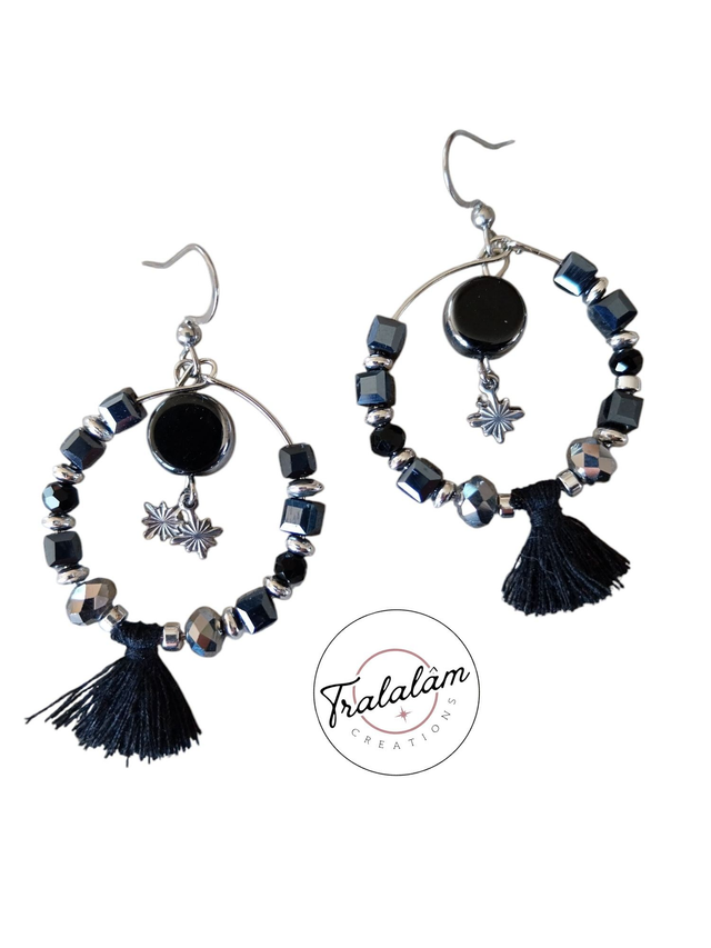 ✨Boucles d’oreilles &quot;créoles noires/grises pompons&quot;✨ 