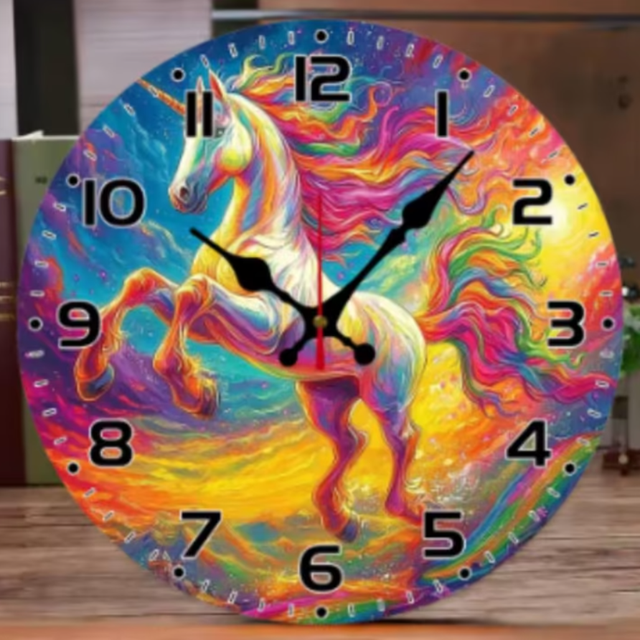 Ronde wandklok van hout Kleurige Eenhoorn (25cm)