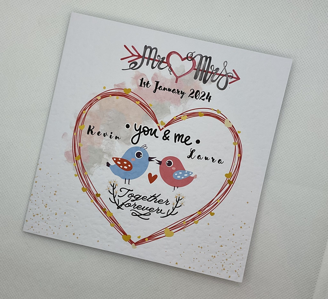Personalised Wedding and engagement  card with couple’s name. Mr &amp; Mrs bird design. Personalised items available.