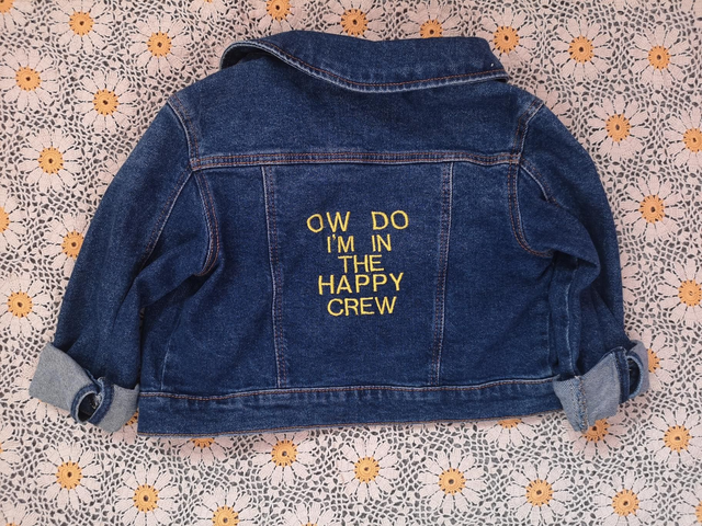 Upcycled pre-loved children's denim jacket Yorkshire Ow Do I'm in the happy crew