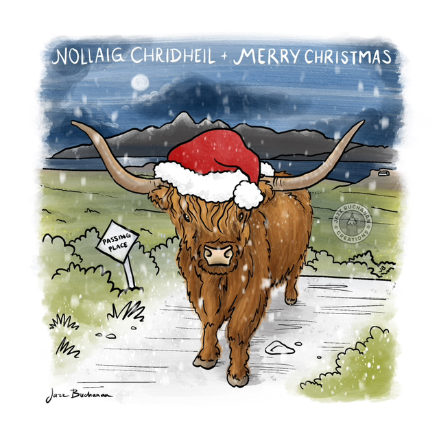 Highland Cow Christmas card with greeting in English & Gaelic