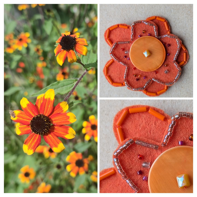 Broche fleur orange coeur en nacré et feutrine, fait main, pièce unique 