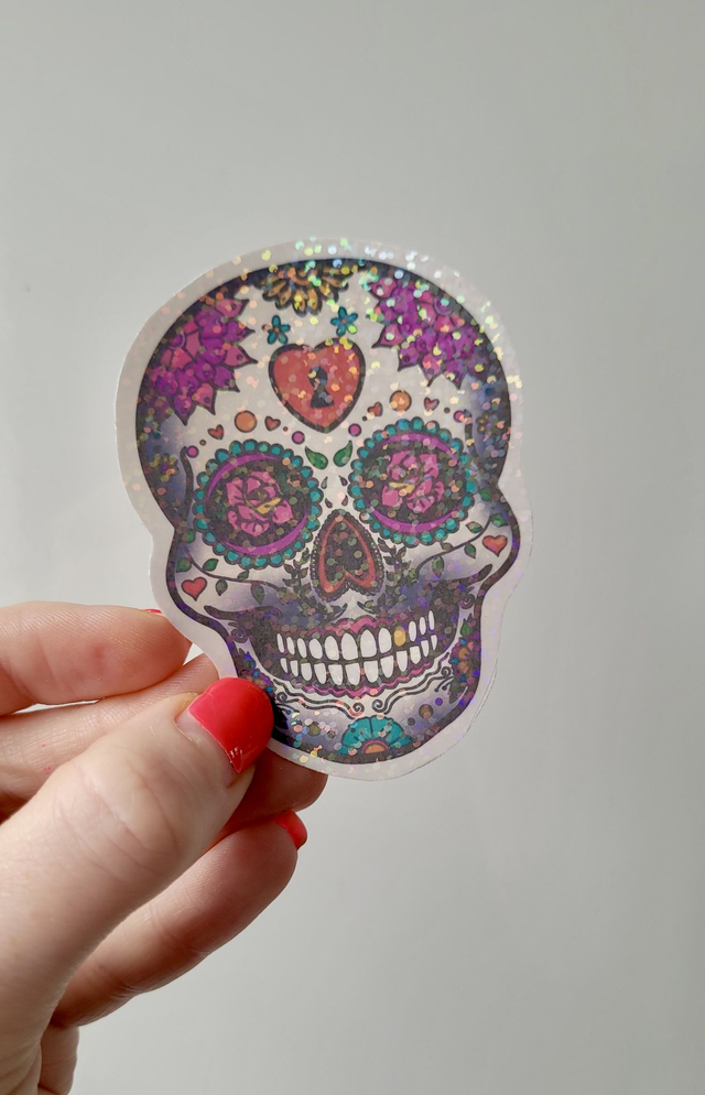 Sparkly Mexican Death Skull Sticker - Sugar Skull Day of the Dead Art