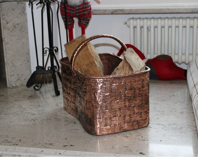 Large Rectangular Copper Container Basket with Handcrafted Handle, firewood storage, handmade