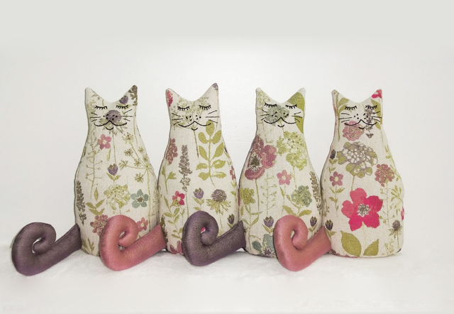 Handmade Cat Doorstops, Unique Pussycat Doorstop, Tapestry Spring Flowers Fabric, Made in UK