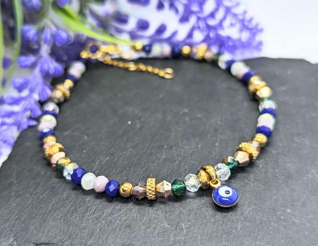 Gold Tone Plated Stainless Steel Boho Beaded Anklet with Evil Eye Charm
