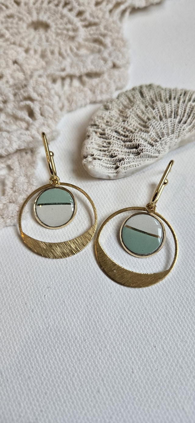 Paire de boucles d'oreilles - porcelaie Badonviller - acier inoxydable doré