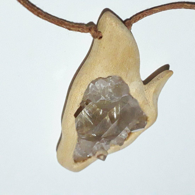 Rutilated Quartz Necklace with Hand Carved Palo Santo Wood 