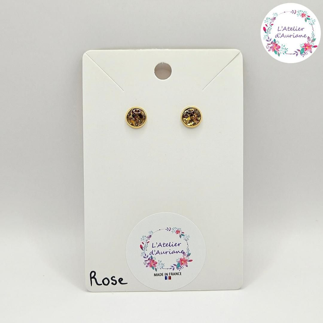 Puces d'oreilles "Rose & feuilles or" dorées