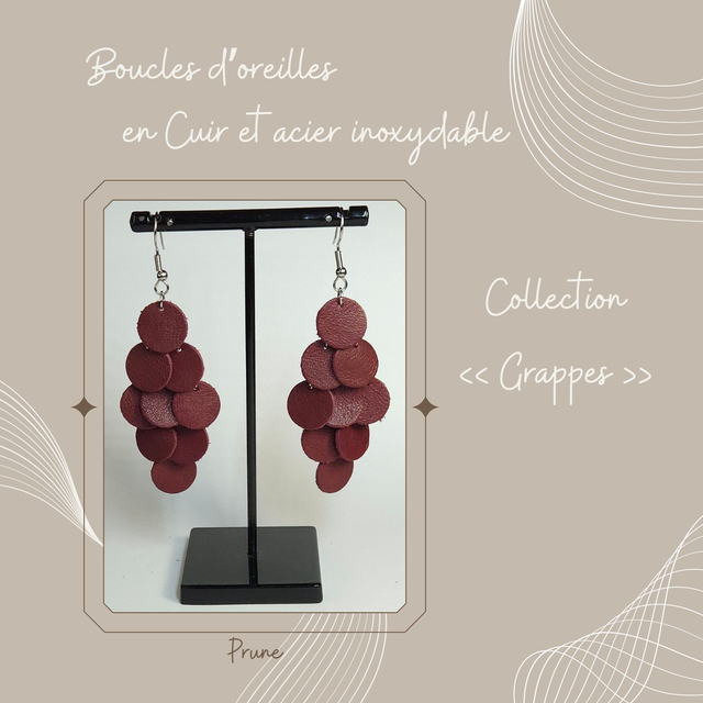 Boucles d&#039;oreilles Grappe en cuir - Prune