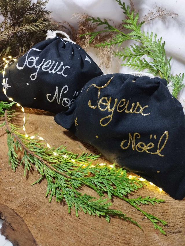 Emballage Cadeau - Pochon - Sac cadeau (noir - Joyeux Noël à pailettes)