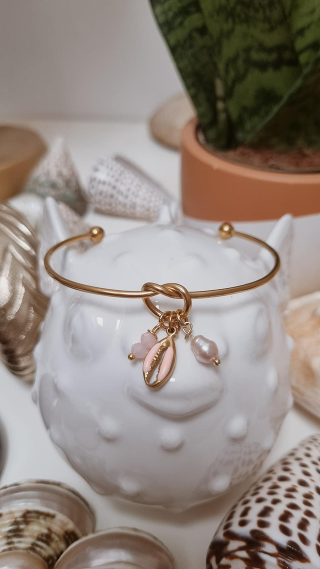 Jonc acier doré - cauri rose 