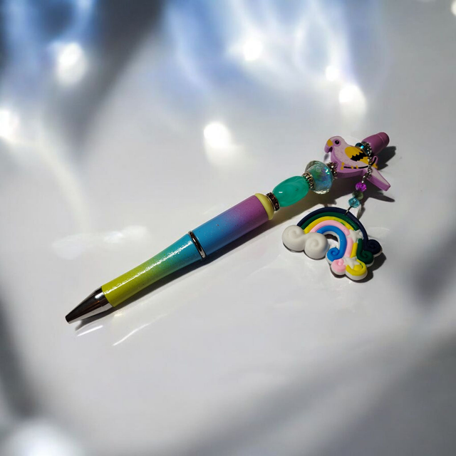 Stylo perles bleu jaune parme