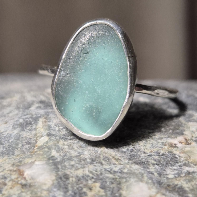 Size Y Pale Aqua Sea Glass and Sterling Silver Ring Fully Hallmarked 