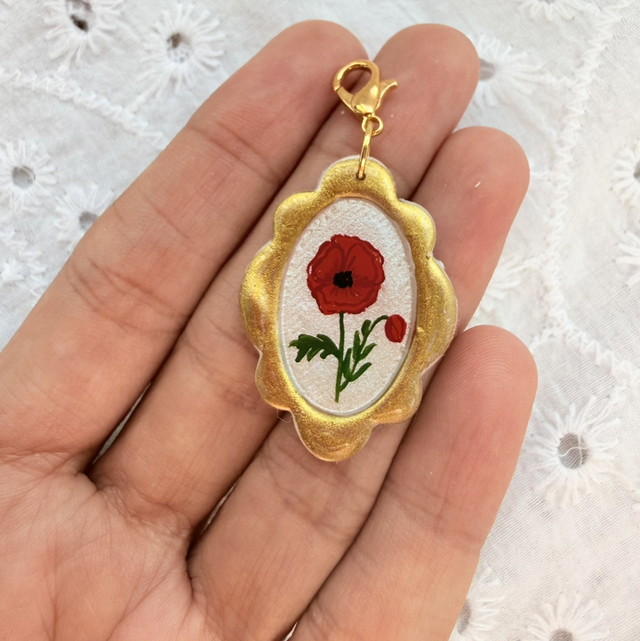 Vintage Gold Frame Red Poppy Flower Charm