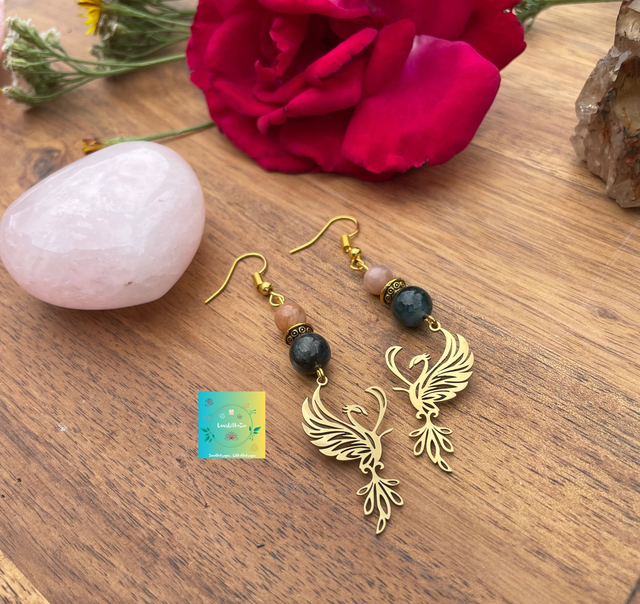 🌞🌊 Boucles d'oreilles Sphinx en Pierre de soleil et Cyanite