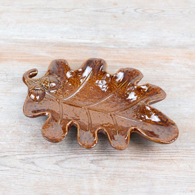 Brown Oak Leaf Trinket Dish with Acorns – Autumn Jewellery Dish 21.5cm