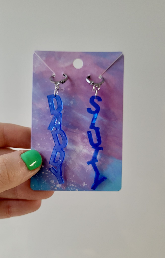 Earrings- DADDY / SLUTTY Blue Glitter Earrings | Stainless Steel Lever back Hoops