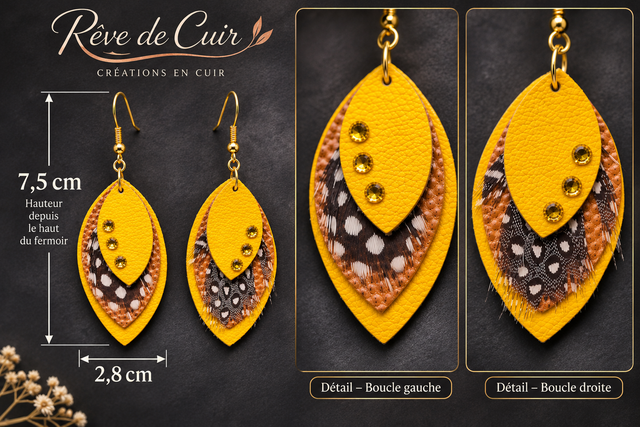 Éclat d’Ambre – Boucles d’oreilles asymétriques en cuir véritable jaune et brun, plumes et strass dorés