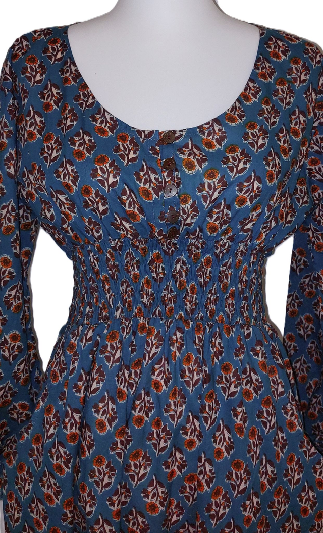 Robe manches-longues en coton indien -  Motif floral - Éthique et Naturel  – Style Bohème Chic - Col V ou rond